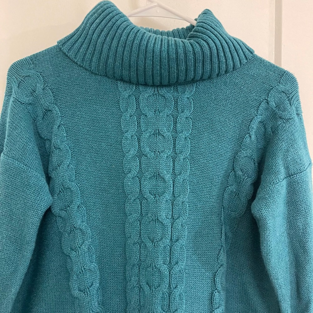 Vintage LL Bean Teal Turtleneck Sweater Fisherman Cableknit Fall
